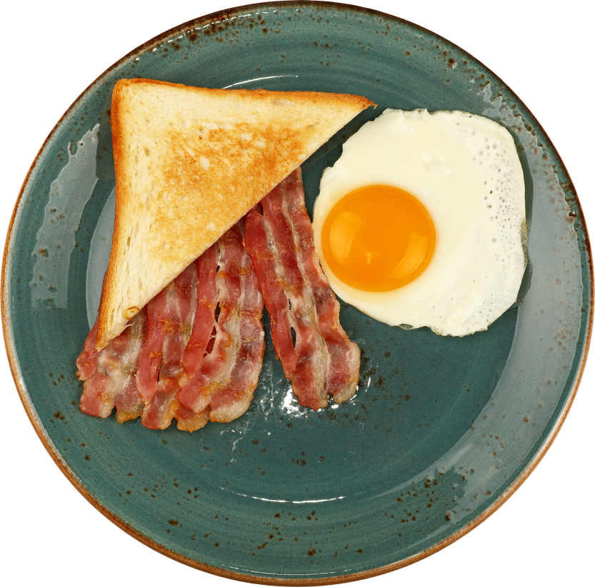 Close up Egg, Toast and Bacon on Blue Plate